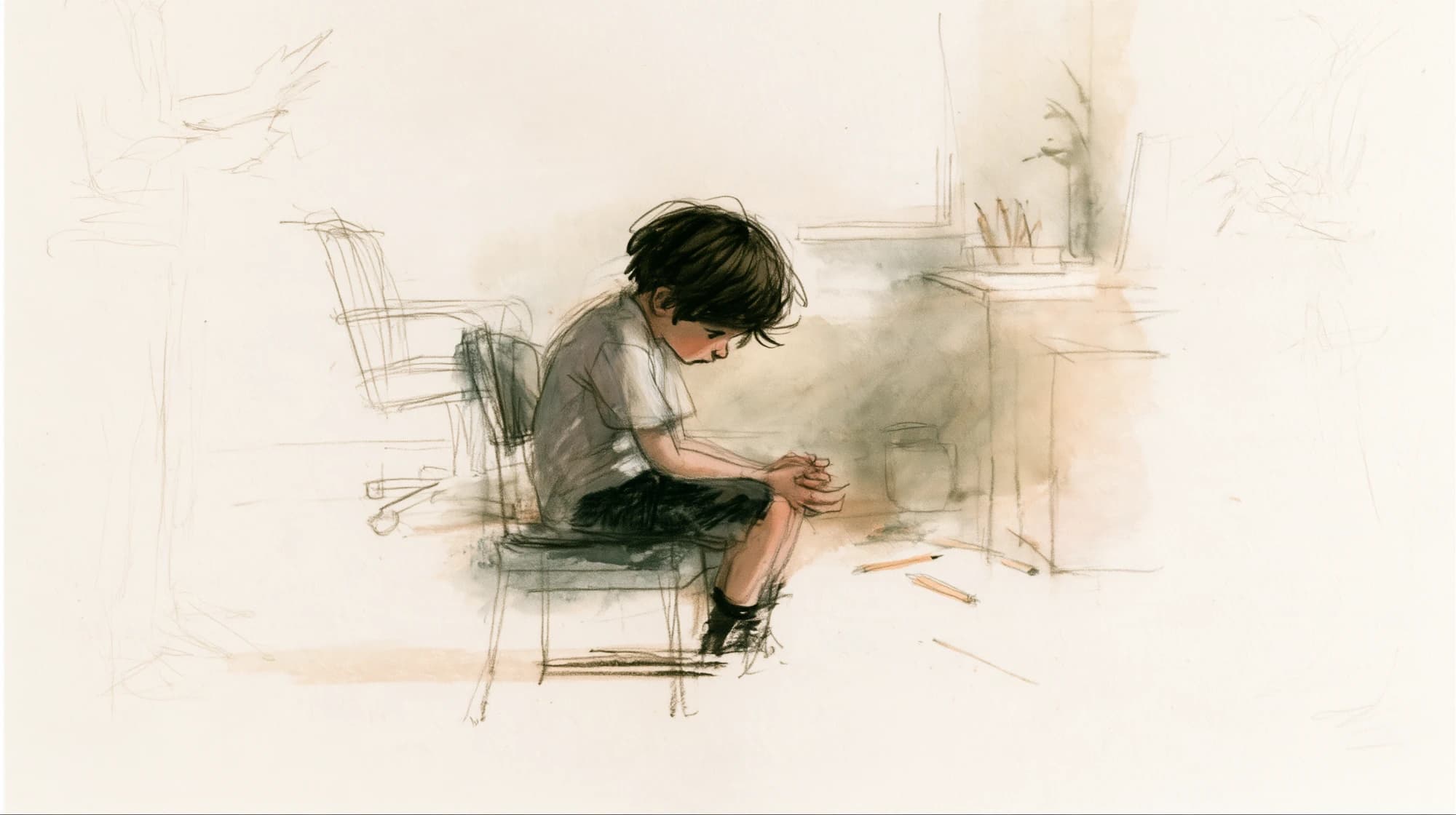 Ilustración de un niño sentado en una silla, con la cabeza baja y las manos entrelazadas